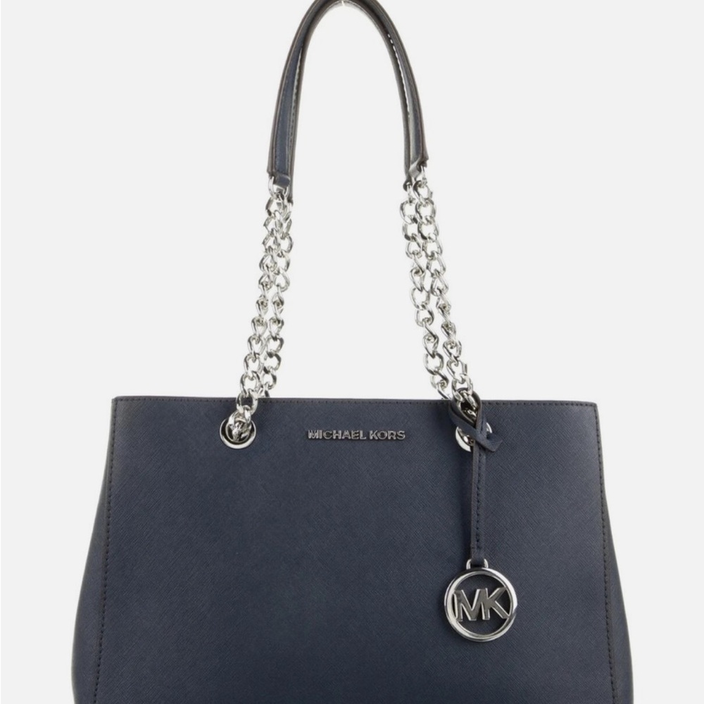 Michael Kors Dark Blue Shoulder Bag with Silver Accents